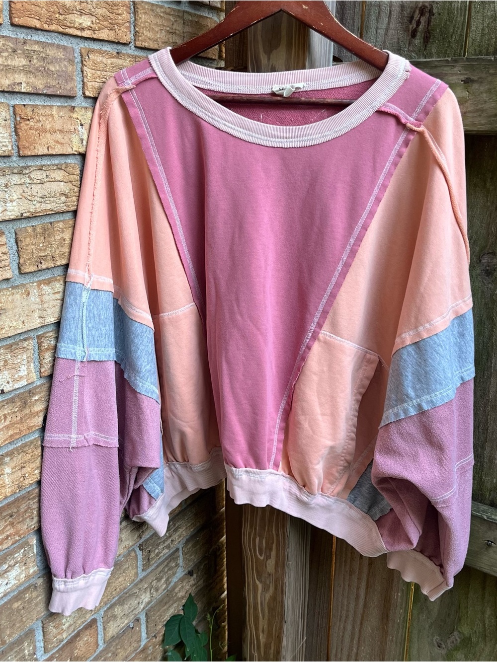 BiBi Pink Peach and Light Blue Colorblock Oversized Crewneck Sweatshirt